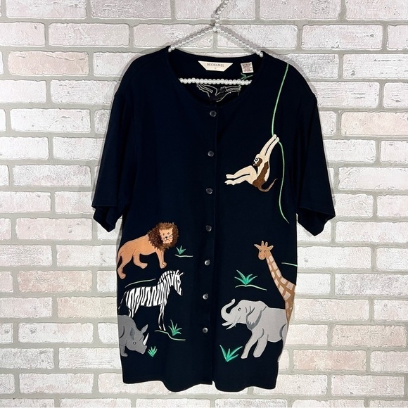 Bechamel Safari Zoo Animals Theme Black Short Sleeve Long Cardigan Size 1X - Picture 2 of 7